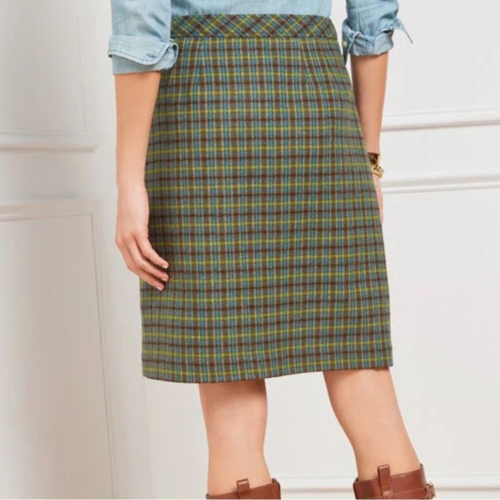 Talbots A-Line Plaid Fringe Wrap Skirt Green Blue Size 8 - Picture 2 of 9